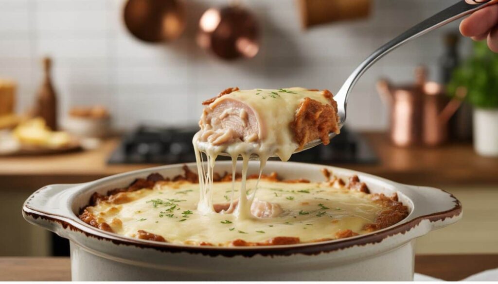 Serving creamy crock pot chicken cordon bleu with melted cheese and golden topping.
