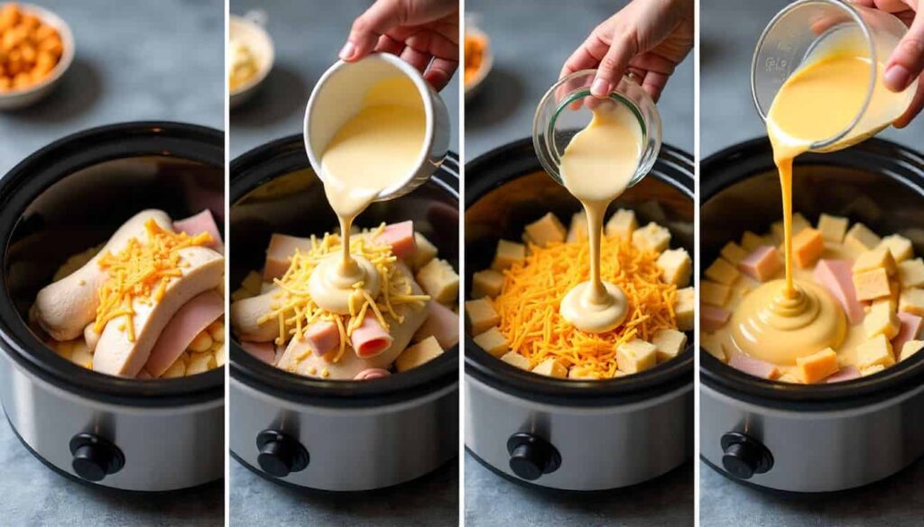 Step-by-step process of making chicken cordon bleu in crock pot — layering, saucing, topping, and cooking.
