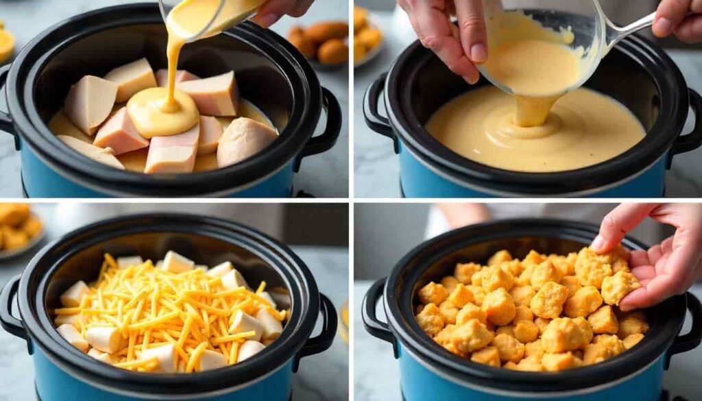 Step-by-step process of making chicken cordon bleu in crock pot — layering, saucing, topping, and cooking.Ingredients for slow cooker chicken cordon bleu including chicken breasts, ham, Swiss cheese, soup, milk, and stuffing mix.
