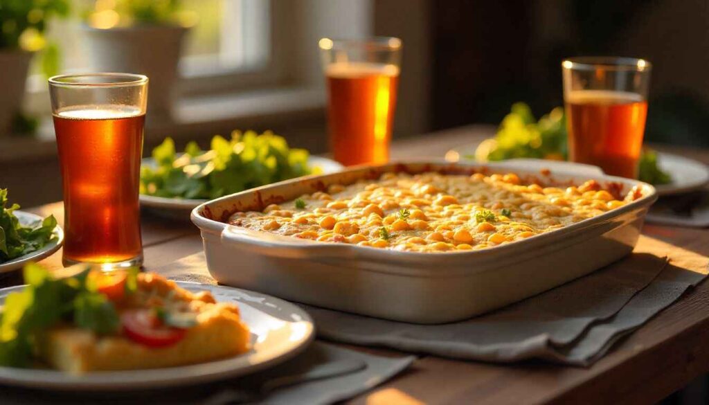 “Dinner table setup with chicken cornbread casserole served family-style alongside salad and drinks.”