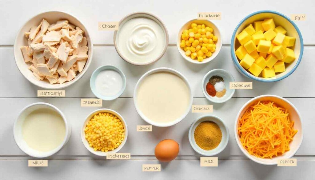 “Ingredients for chicken cornbread casserole including shredded chicken, cornbread mix, sour cream, canned corn, cheese, and eggs arranged neatly on a kitchen counter.”