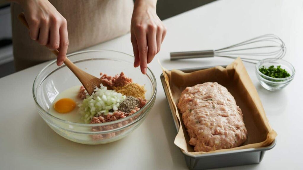 Step-by-step chicken meatloaf recipe process showing ground chicken mixture being prepared in a mixing bowl.