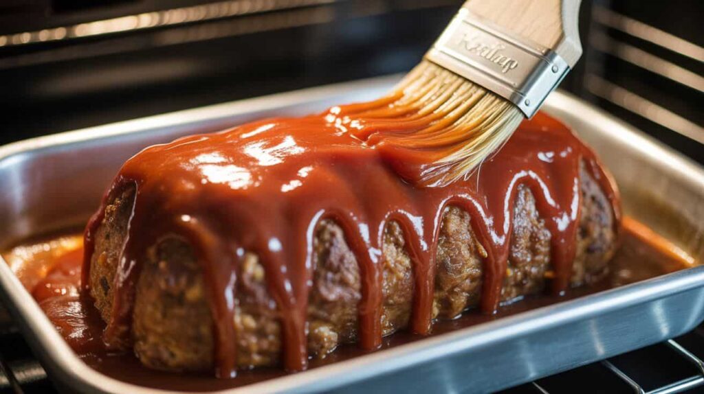 Applying a sweet-savory glaze to chicken meatloaf for a glossy, caramelized finish.