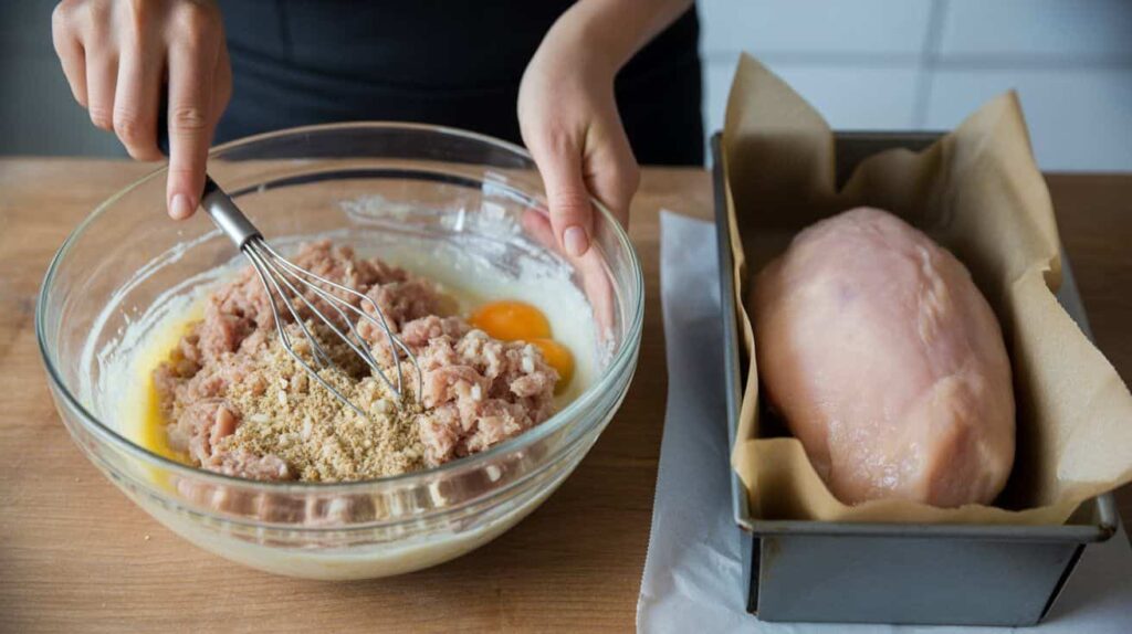 Fresh ingredients for chicken meatloaf recipe including ground chicken, breadcrumbs, egg, onion, garlic, and glaze ingredients.