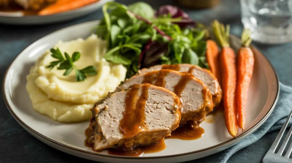 Plated chicken meatloaf slices with glaze, mashed potatoes, roasted carrots, and green salad.