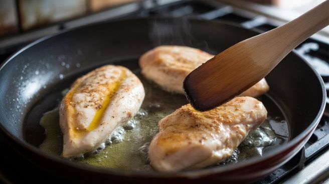Action shot of cooking chicken process mushroom spinach in skillet with creamy sauce and sautéed vegetables.