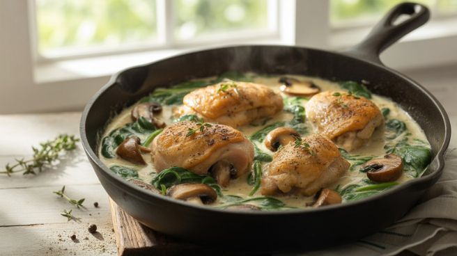 Plated creamy chicken mushroom spinach recipe served with rice, garnished with Parmesan and parsley.