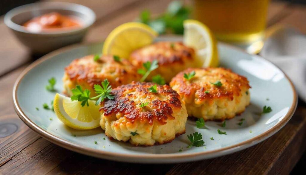 Crispy crab cakes plated with coleslaw, lemon wedges, and dipping sauce made using Chicken of the Sea crab meat.