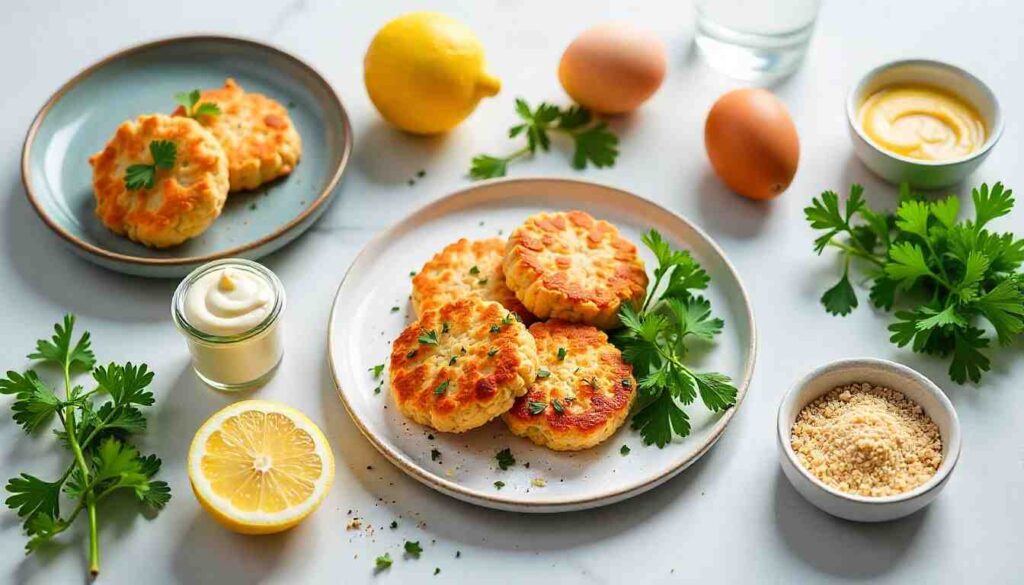 Ingredients for Chicken of the Sea crab cake recipe including canned crab meat, egg, mayo, breadcrumbs, and fresh herbs.