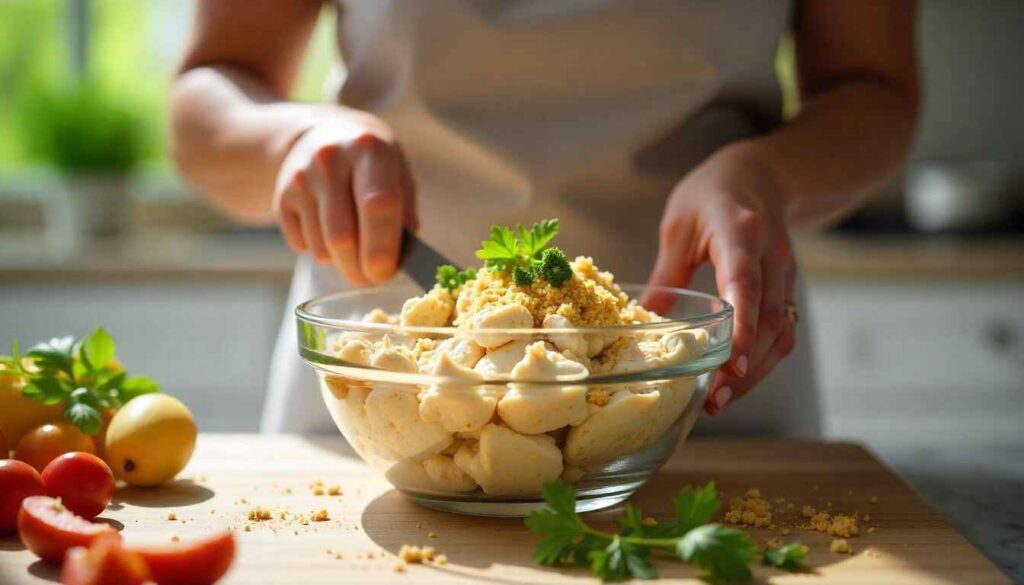 : Mixing crab meat with mayo, breadcrumbs, and seasonings to prepare Chicken of the Sea crab cake mixture.