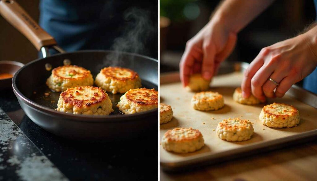 Shaped crab cake patties on a tray before chilling, part of the Chicken of the Sea crab cake recipe process.Crab cakes frying in a skillet until golden brown, following the Chicken of the Sea crab cake recipe.