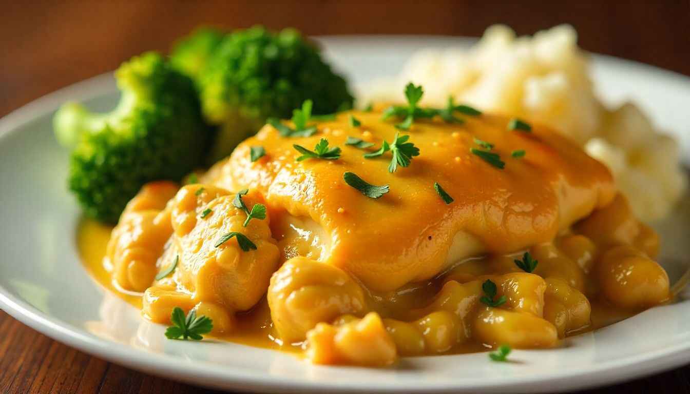 Golden baked Chicken on the Ritz recipe topped with buttery Ritz cracker crumbs in a white casserole dish.