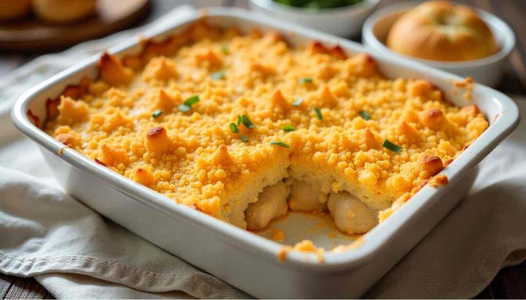 Chicken on the Ritz casserole stored in glass containers for refrigeration and freezer meal prep.