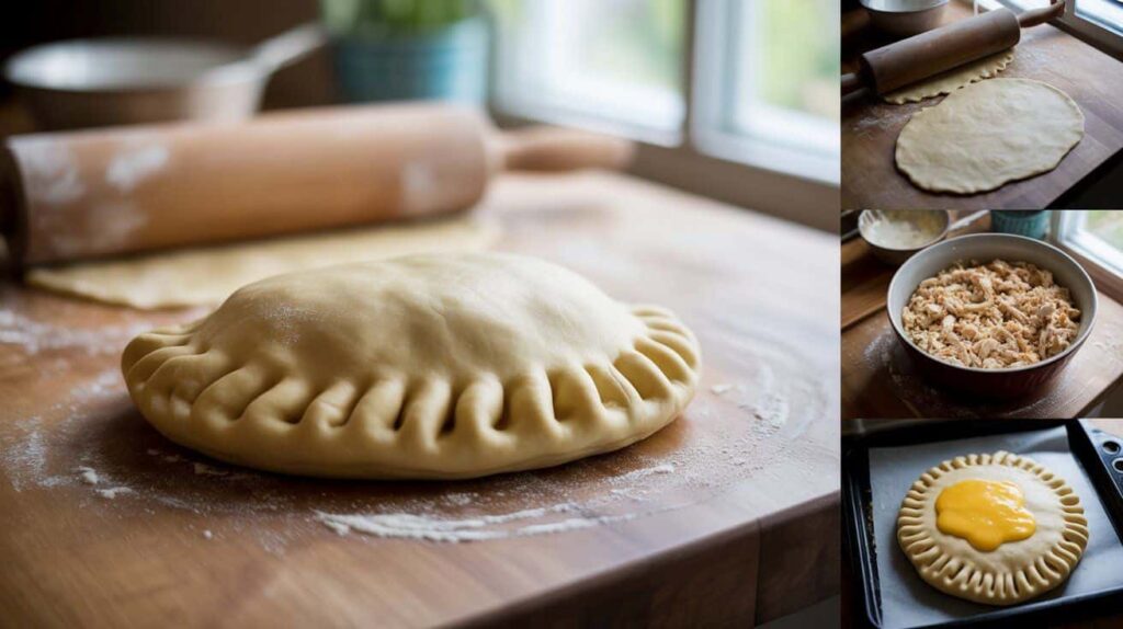 “Step-by-step cooking process for chicken pasty recipe — rolling dough, filling, sealing, and baking golden pasties”