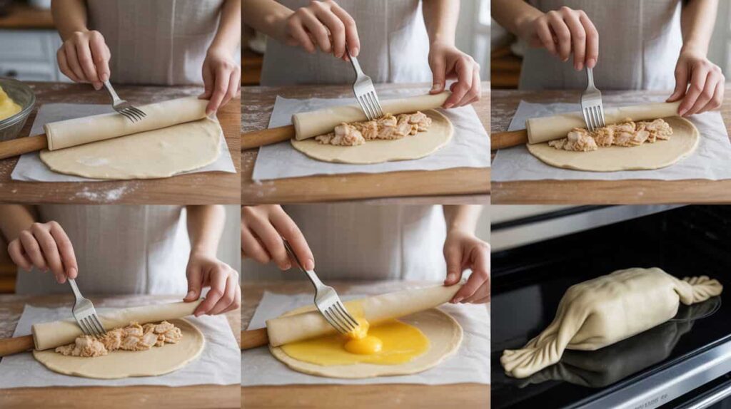 “Step-by-step cooking process for chicken pasty recipe — rolling dough, filling, sealing, and baking golden pasties”