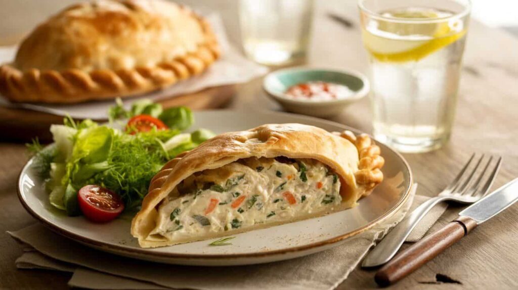 “Homemade chicken pasties served with salad and sauce — flaky crust and creamy chicken filling inside”