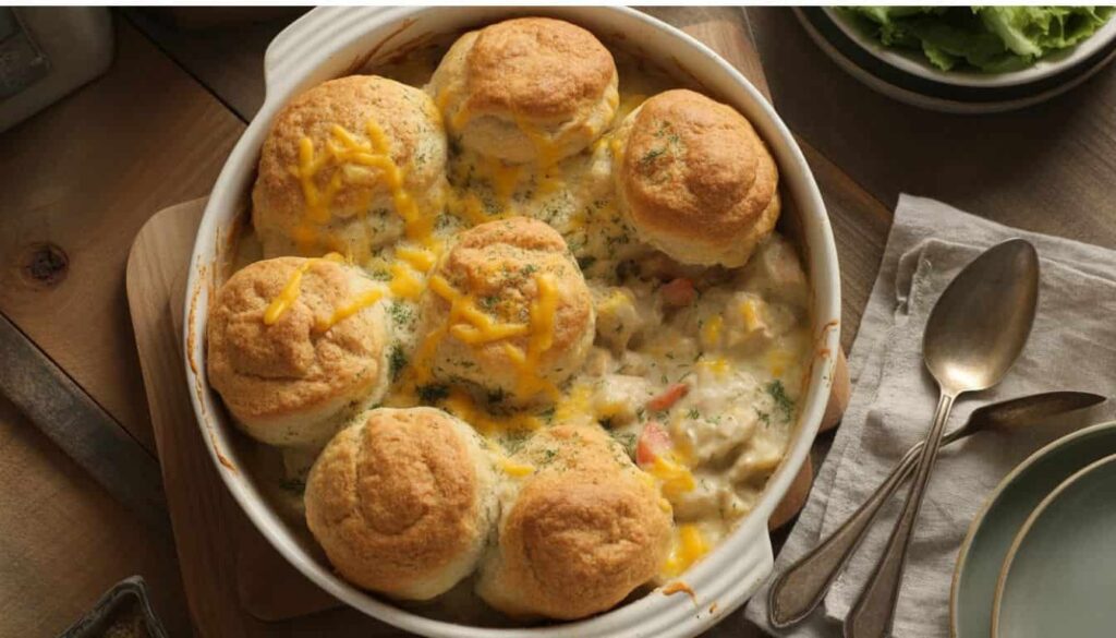 Plated serving of chicken pot pie with Cheddar Bay biscuit topping and creamy chicken filling.