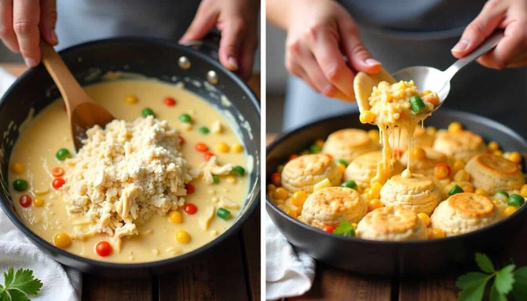 Step-by-step process of making chicken pot pie with creamy filling and Cheddar Bay biscuit topping.Chicken pot pie with creamy filling and raw Cheddar Bay biscuit dough before baking