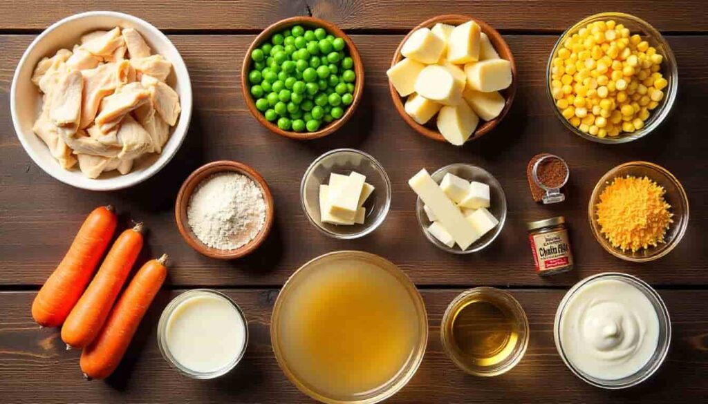 Flat lay of ingredients for chicken pot pie with Cheddar Bay biscuits including chicken, vegetables, cream, and biscuit mix. 3. Cooking Process Image Prompt: A step-by-step collage or single scene showing the cooking process: A skillet with butter, flour, and cream forming the creamy filling base. Adding shredded chicken and vegetables. Biscuit dough being spooned onto the casserole filling. Capture hands in action for a lifestyle touch. Natural daylight, clean rustic kitchen setting. File Name: chicken-pot-pie-cheddar-bay-cooking-process.jpg Alt Tag: Step-by-step process of making chicken pot pie with creamy filling and Cheddar Bay biscuit topping. 4. Full Recipe in Dish Image Prompt: A close-up of the fully assembled unbaked casserole with creamy chicken filling spread evenly and biscuit dough dropped on top in rustic mounds. The biscuits are raw but dusted with cheddar cheese. Styled on a baking sheet with oven mitts nearby, ready to go into the oven. File Name: chicken-pot-pie-cheddar-bay-uncooked.jpg Alt Tag: Chicken pot pie with creamy filling and raw Cheddar Bay biscuit dough before baking. 5. Final Serving Image Prompt: A plated serving of chicken pot pie with Cheddar Bay biscuits on a white dinner plate. A fluffy golden biscuit on top, cut open to reveal creamy chicken, peas, carrots, and corn inside. Garnished with fresh parsley. Served alongside a crisp green salad and iced tea for balance. Warm lighting with a homestyle, inviting look. File Name: chicken-pot-pie-cheddar-bay-final-serving.jpg Alt Tag: Plated serving of chicken pot pie with Cheddar Bay biscuit topping and creamy chicken filling. ✨ These prompts are detailed enough for AI image generation and also aligned with SEO best practices (file names + alt tags). Do you want me to also create one master image prompt that shows the entire recipe process in a single storyboard-style image (like a step-by-step visual guide)? You said: Let rest for 5 minutes before serving so the filling can set. chnge wording ChatGPT said: Here are a few reworded options for that line — you can pick the one that fits your article’s tone best: Allow the pot pie to cool for about 5 minutes before serving to let the filling thicken. Rest the dish for 5 minutes so the creamy filling settles before you serve. Give it a short 5-minute rest to allow the filling to firm up for easier serving. Let it sit for 5 minutes to ensure the filling sets and flavors meld. Want me to update the whole recipe instructions section with this improved wording, so it flows more naturally?