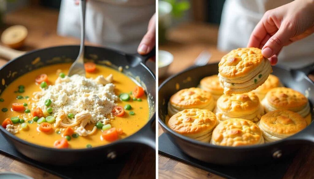 Step-by-step process of making chicken pot pie with creamy filling and Cheddar Bay biscuit topping.