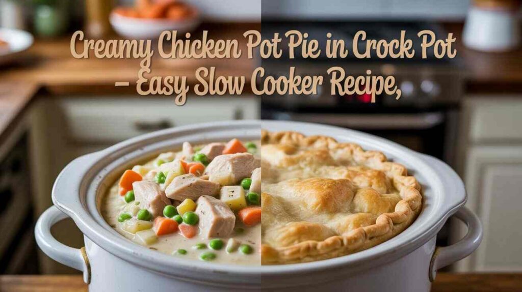 “Pinterest pin showing creamy crock pot chicken pot pie with title overlay text.”
