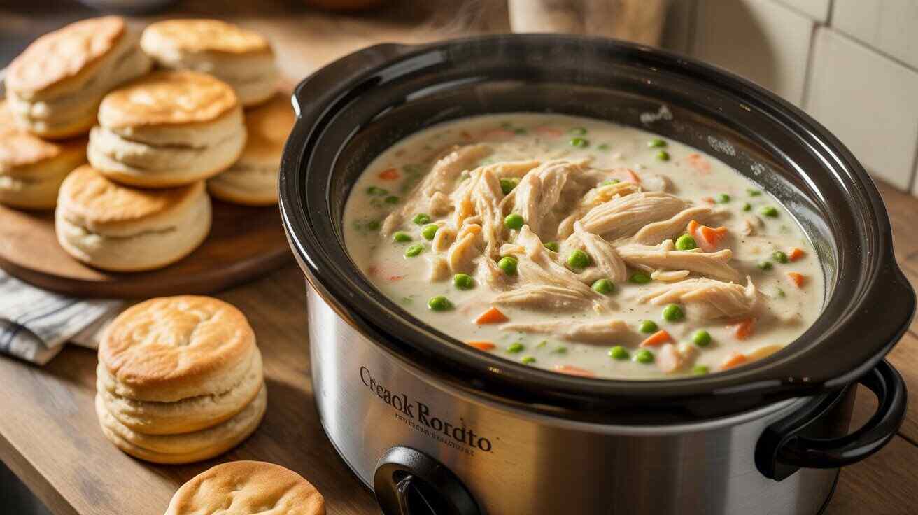 “Creamy chicken pot pie in crock pot with golden biscuits and vegetables in a rustic kitchen setting.”