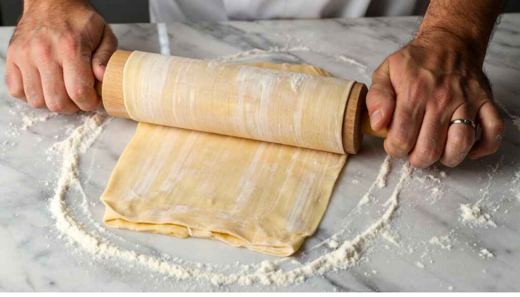 Chef rolling fresh pasta dough for chicken ravioli on a floured surface