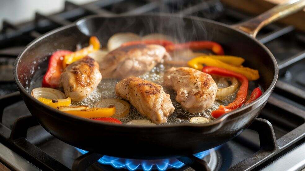 Cooking chicken and roasted peppers in skillet