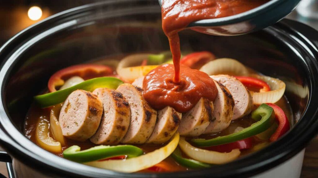 “Chicken sausage and vegetables layered in a crockpot with tomato sauce being added”