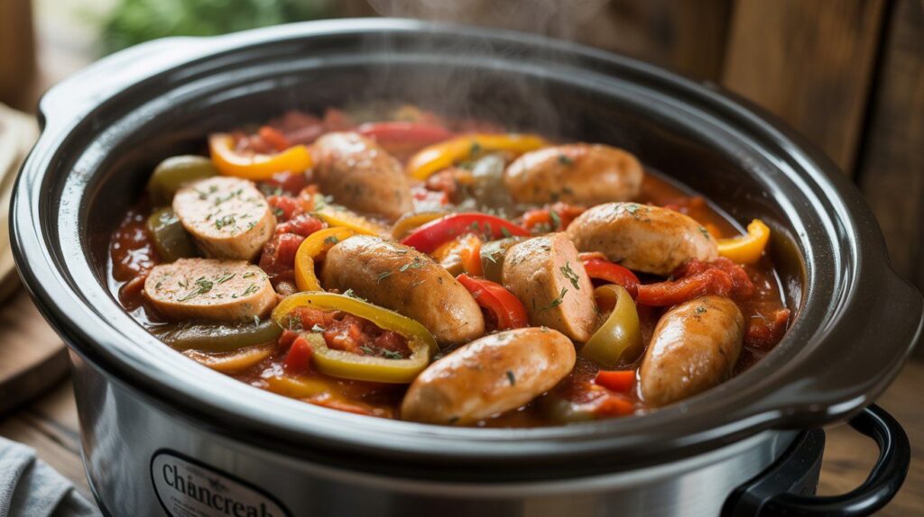 “Chicken sausage crockpot recipe served over rice with peppers and tomato sauce, garnished with parsley”