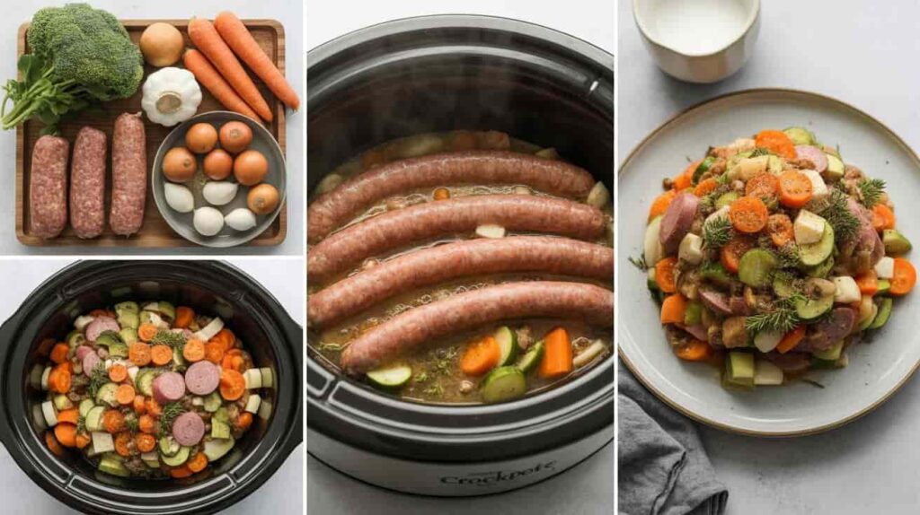 “Step-by-step chicken sausage crockpot recipe from ingredients to cooking process and final plated dish”