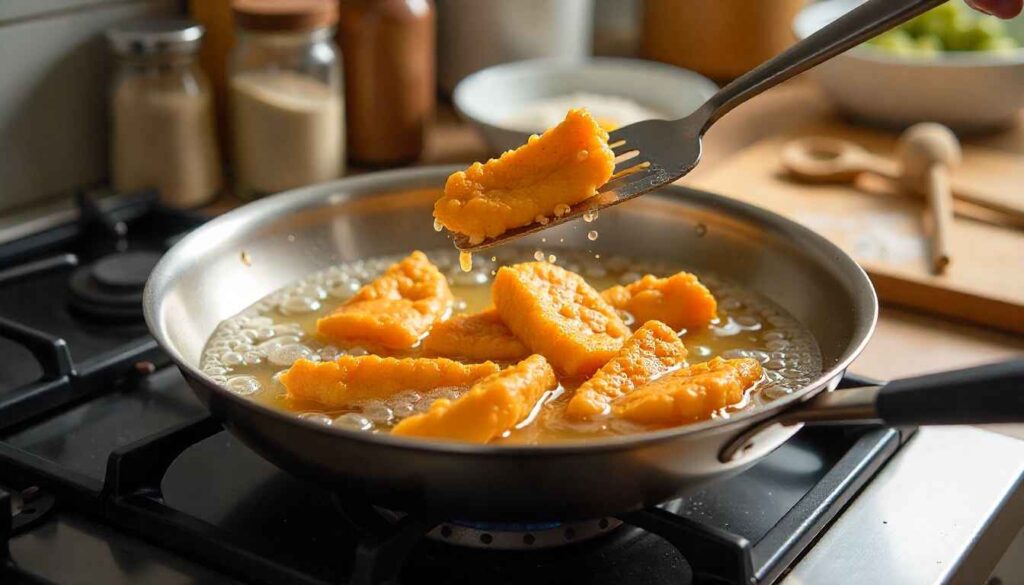 “Chicken strips frying in hot oil for crispy chicken snack wrap recipe, turning golden brown.”