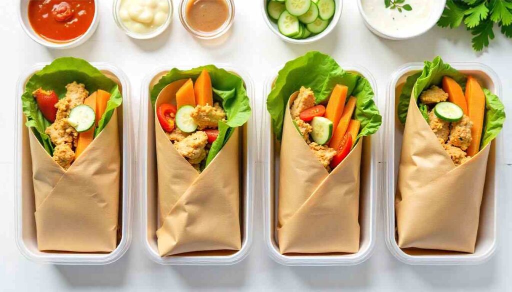 “Chicken snack wraps packed in meal prep containers with sauces and vegetables for easy lunch option.”
