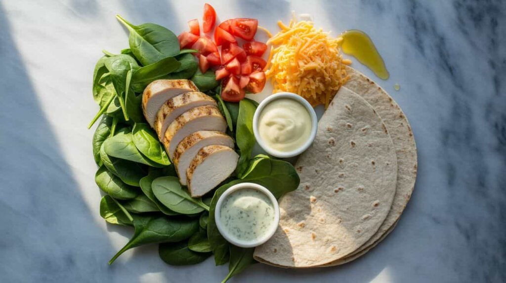 “Ingredients for chicken spinach wraps including chicken, spinach, tortillas, sauces, and vegetables on a kitchen counter.”