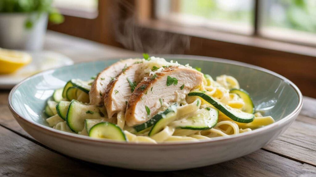 “Close-up of finished chicken and zucchini pasta with creamy sauce, tender chicken pieces, zucchini ribbons, parsley, lemon wedges, and Parmesan served on a white plate.”