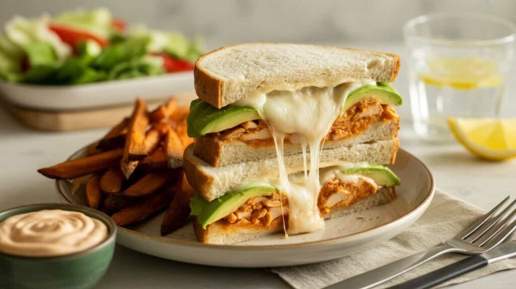“Chipotle chicken avocado melt sandwich served with sweet potato fries, chipotle mayo dip, and salad on a plate.”