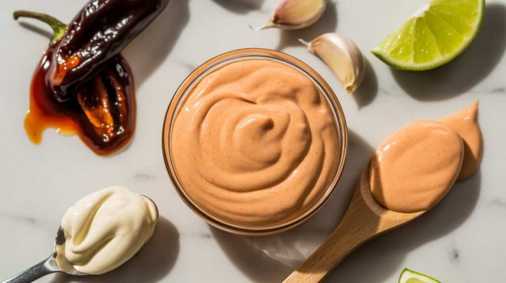 “Homemade chipotle mayo sauce in a glass bowl with chipotle peppers, lime, and garlic on a white marble surface.”