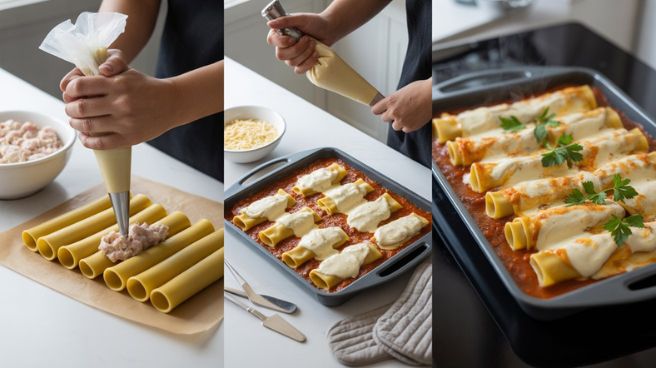 “Bowl of chicken, ricotta, spinach, and mozzarella mixture being stirred for chicken cannelloni filling preparation.”