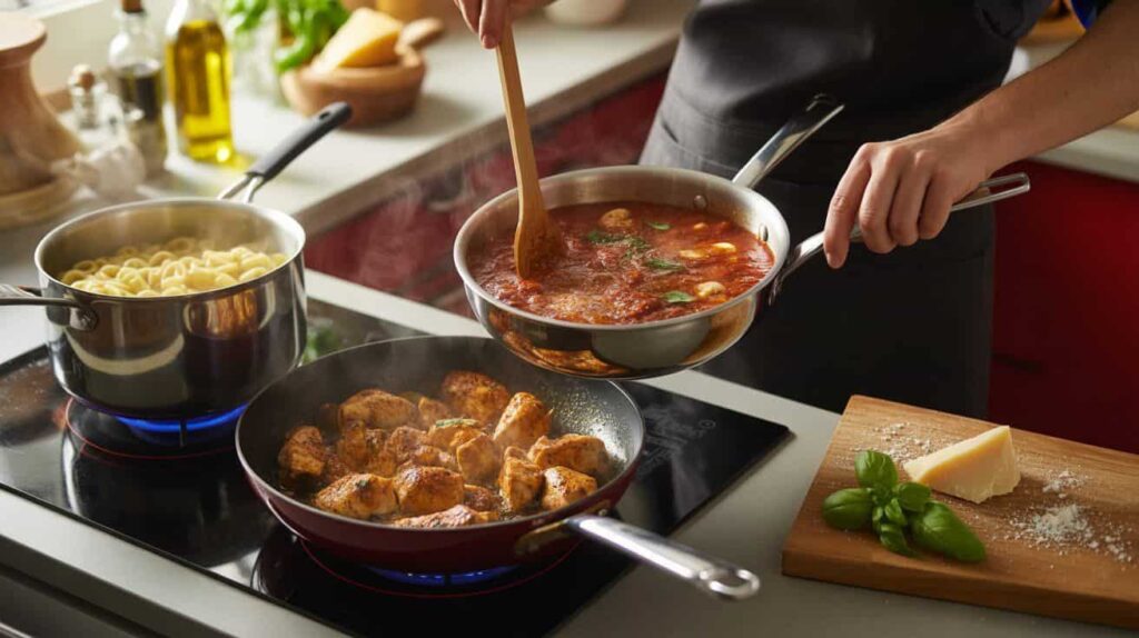 Step-by-step cooking process of chicken marinara pasta showing chicken searing, sauce simmering, and pasta being added.
