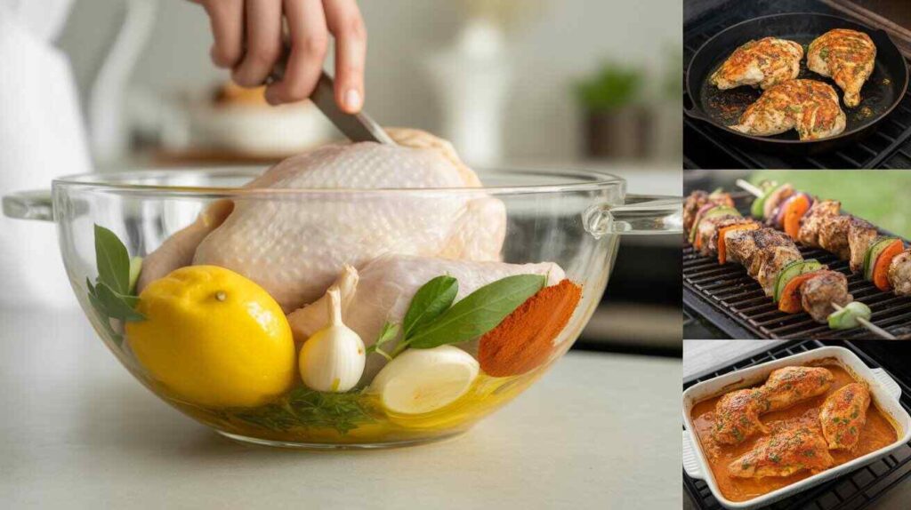 “Cooking process of chicken recipes without salt — marinating, grilling, baking, and glazing.”