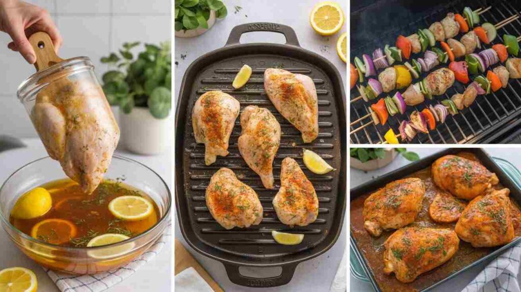 “Cooking process of chicken recipes without salt — marinating, grilling, baking, and glazing.”