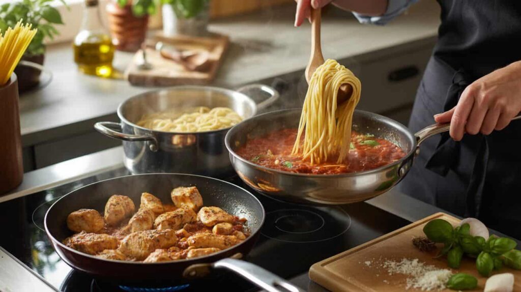 Steps for cooking process of chicken marinara pasta showing chicken searing, sauce simmering, and pasta being added.