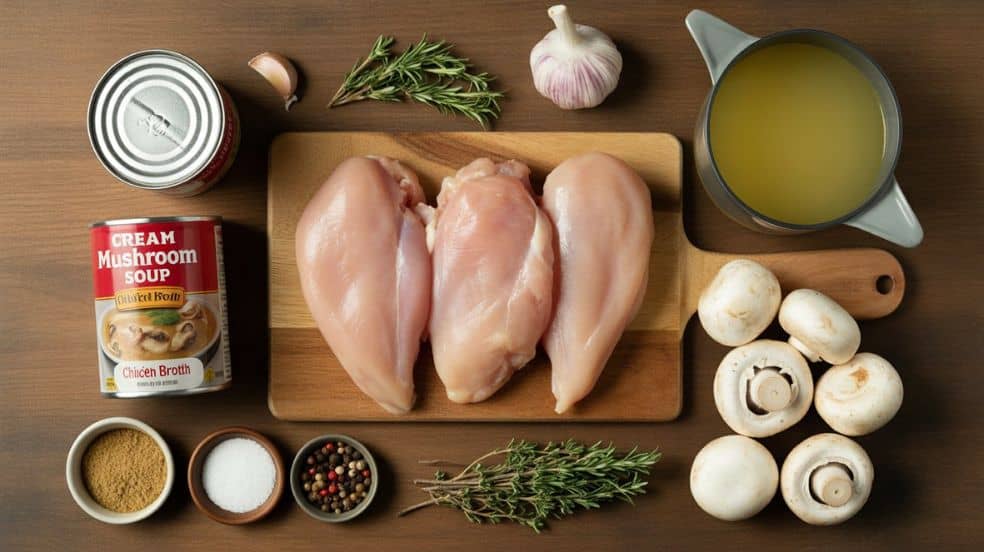 Flat lay of crock pot chicken ingredients including boneless chicken breasts, can of cream of mushroom soup, chicken broth, garlic, mushrooms, herbs, and spices arranged neatly on a rustic wooden kitchen counter.