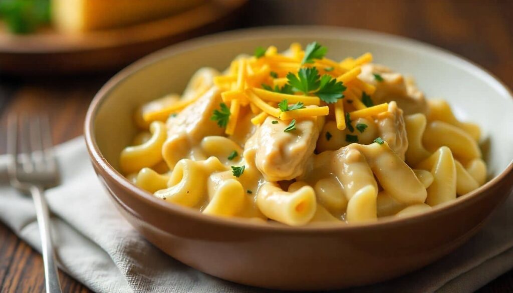 “Creamy chicken pasta made in crockpot with cheese and herbs.”