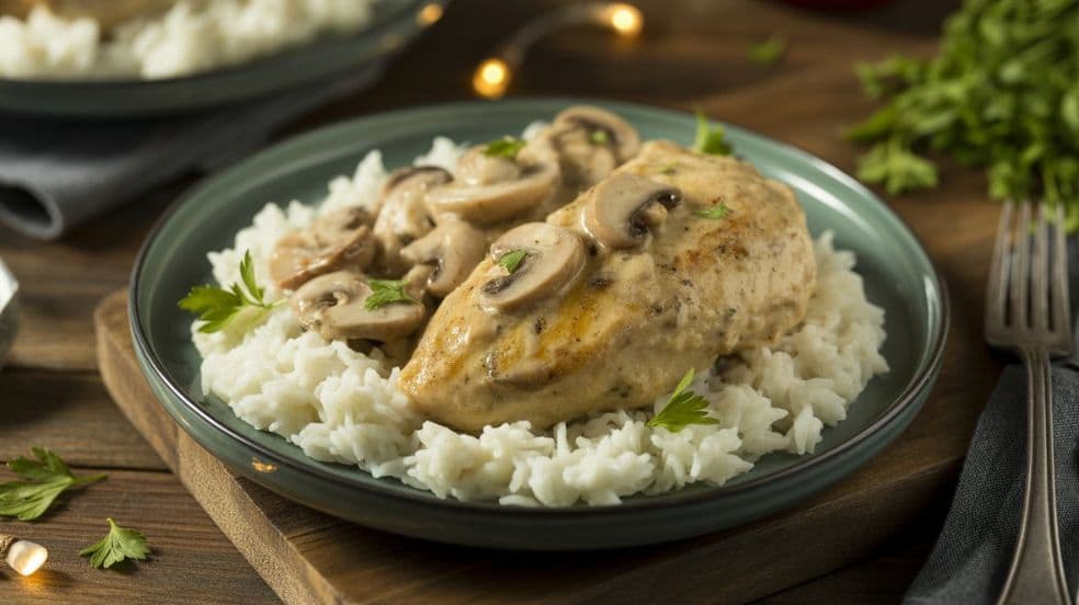 Plated creamy crock pot chicken and mushroom served over fluffy white rice, garnished with fresh parsley and surrounded by soft kitchen lighting, showing the rich, velvety sauce texture.