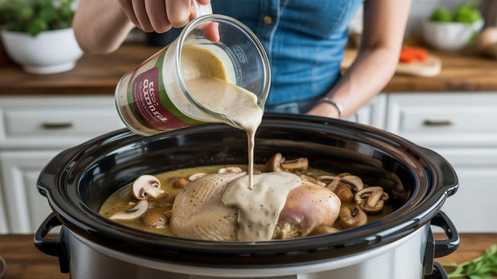 Close-up of a person pouring creamy mushroom soup mixture over raw chicken breasts in a slow cooker, with sliced mushrooms on top, illustrating the preparation step of the crock pot chicken recipe.