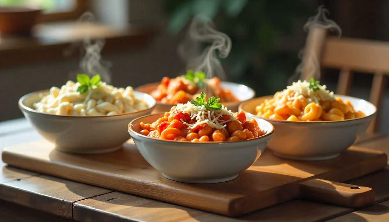 “Three creamy crockpot chicken pasta bowls – creamy garlic, Cajun, and Italian styles on rustic table.”