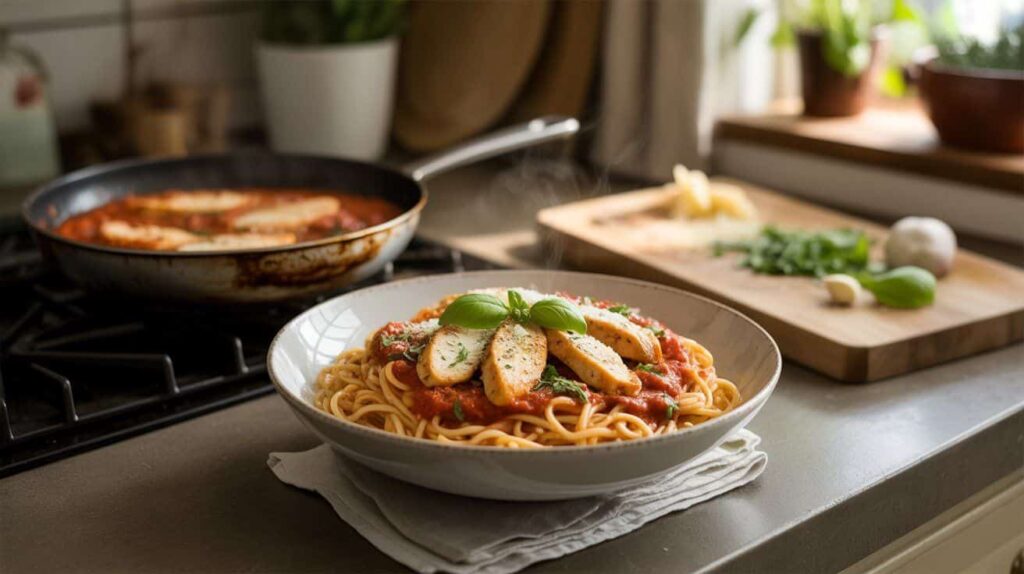 Final serving of chicken marinara pasta topped with basil, Parmesan, and golden chicken slices in a white bowl.
