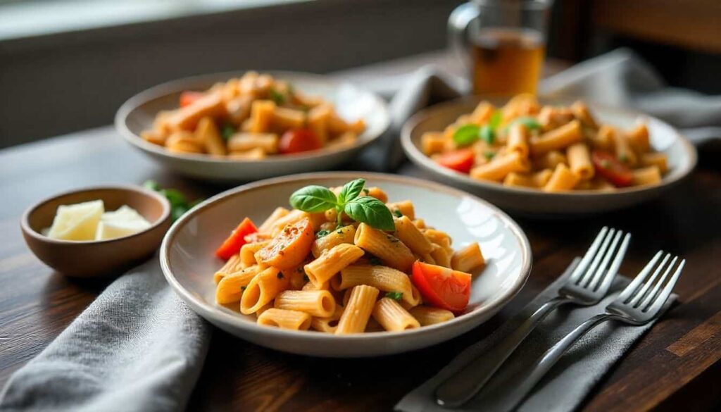 “Final serving of three crockpot chicken pasta varieties on rustic dinner table.”