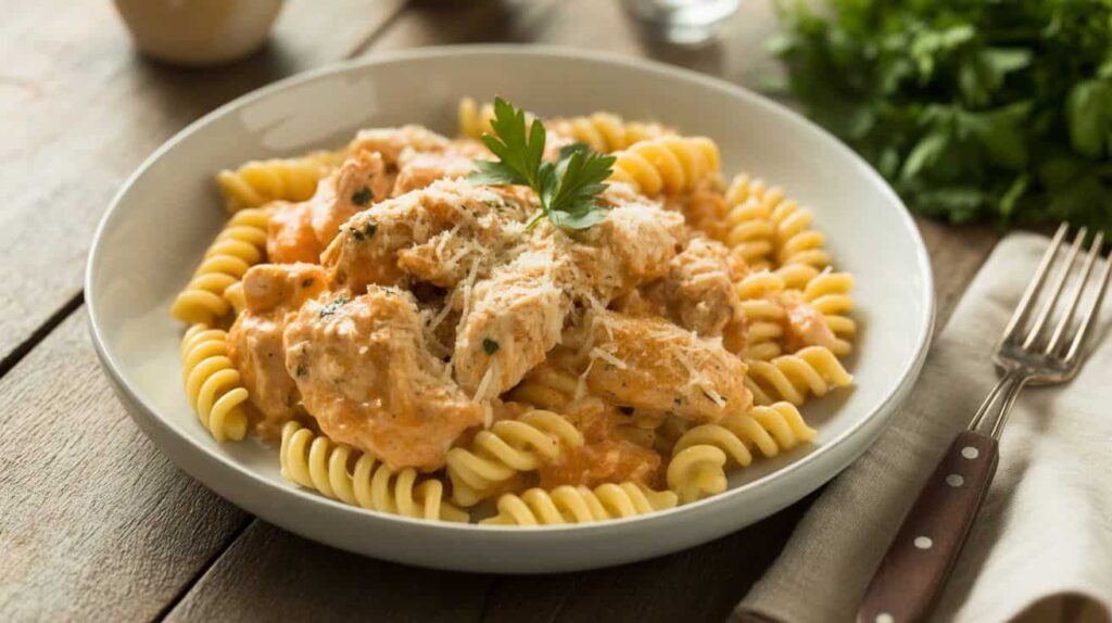 Serving creamy chicken and rotini pasta on a plate with salad and bread on the side